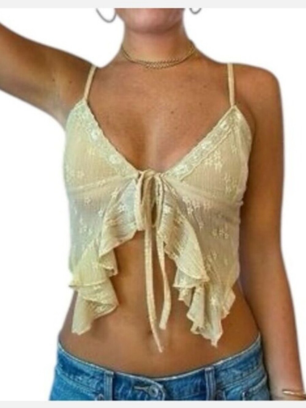 Light Cream Ruffle Tie-Front Spaghetti Strap Top